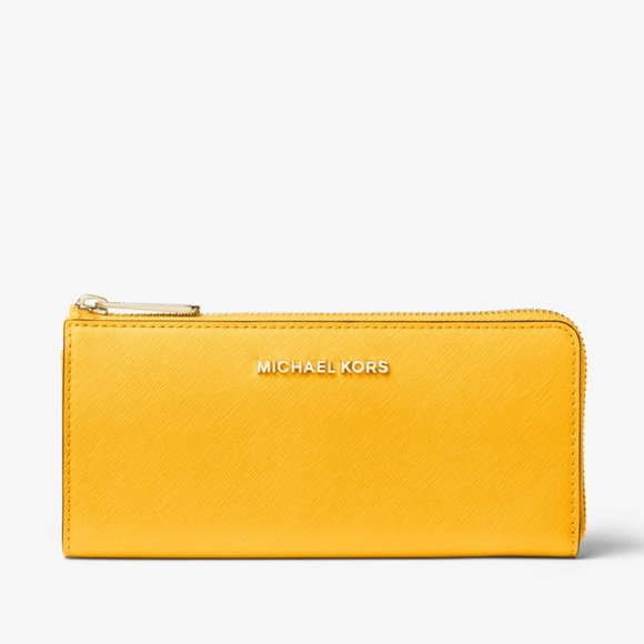 New Michael Kors Jet Set Travel Large Leather Quarter-Zip Wallet Jasmine Yellow - Picture 1 of 2